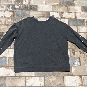 Ellos Cotton Blend Pearl Beaded Embellished Crew Neck Pullover Gray Sweater